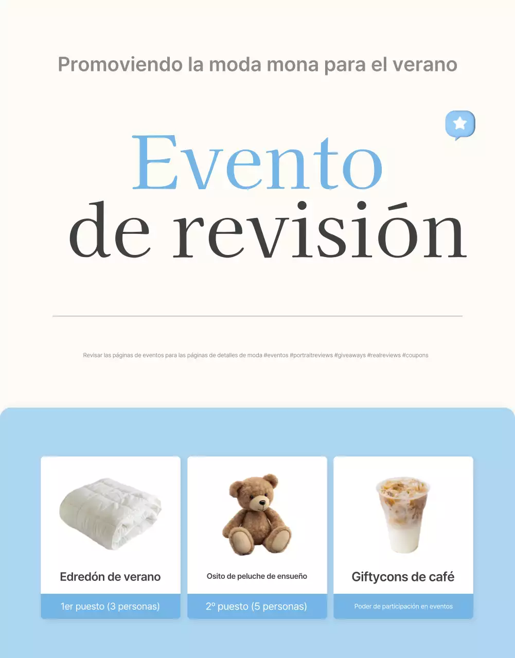 Promociona tus reseñas y eventos fotográficos y páginas de reseñas en tu centro comercial de moda favorito en azul claro y blanco para el verano