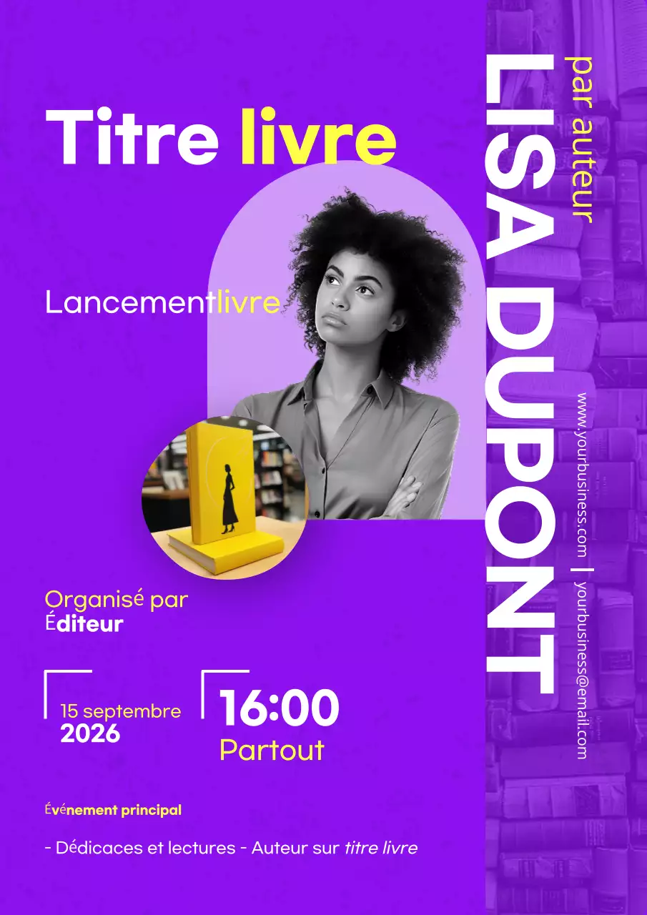 Purple and Yellow Minimalist Bold Authors avis de lancement de livre