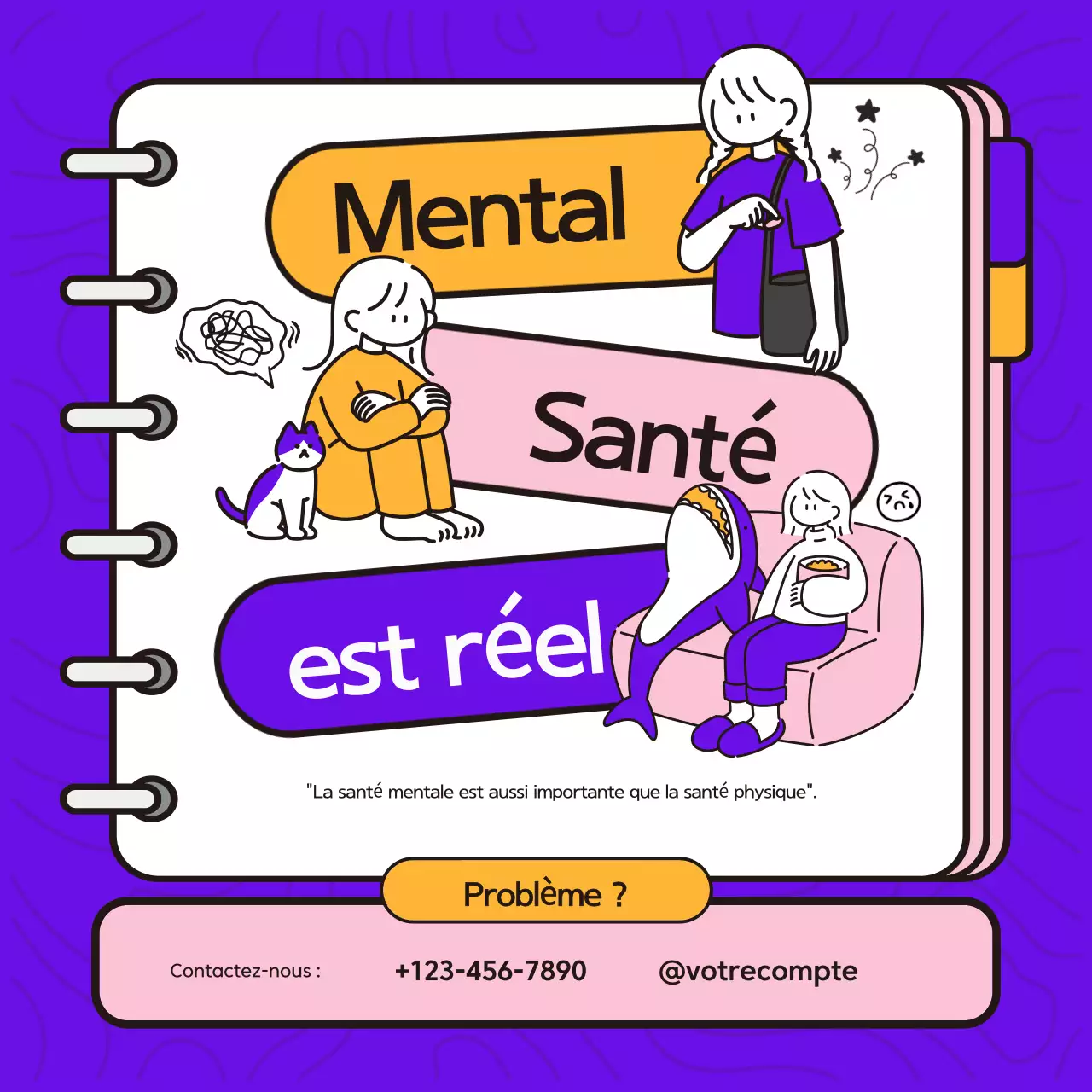 Illustration créative violette et jaune pour la prévention du suicide et la sensibilisation à la santé mentale