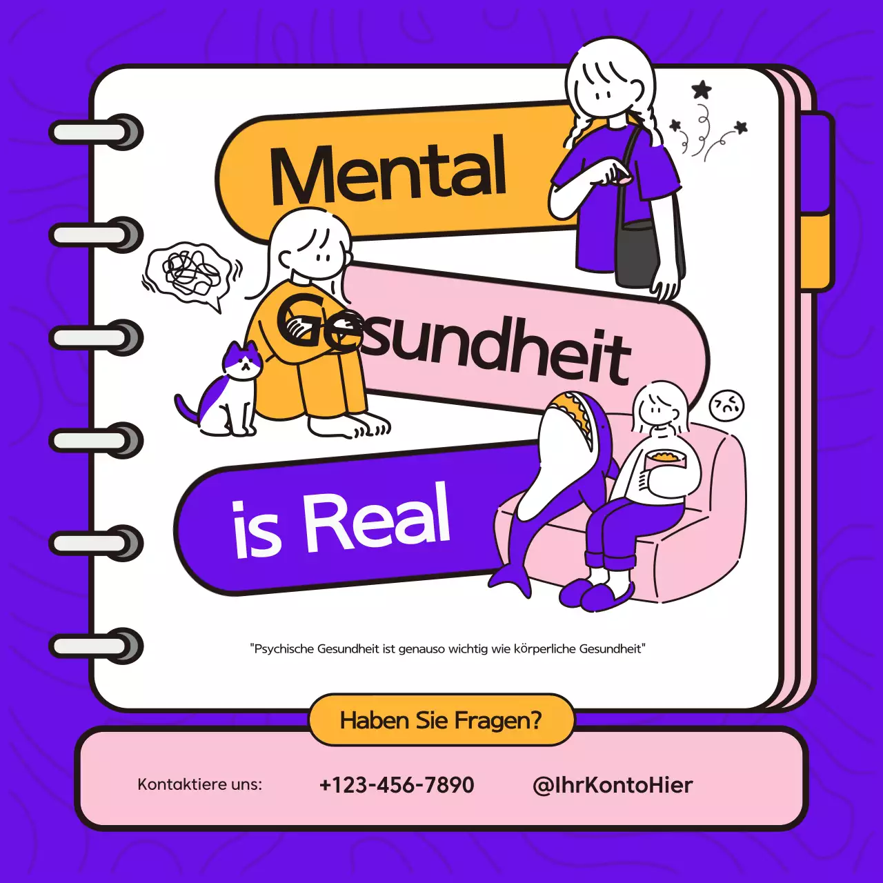 Kreative Illustration in Lila und Gelb: Suizidprävention durch Sensibilisierung für psychische Gesundheit