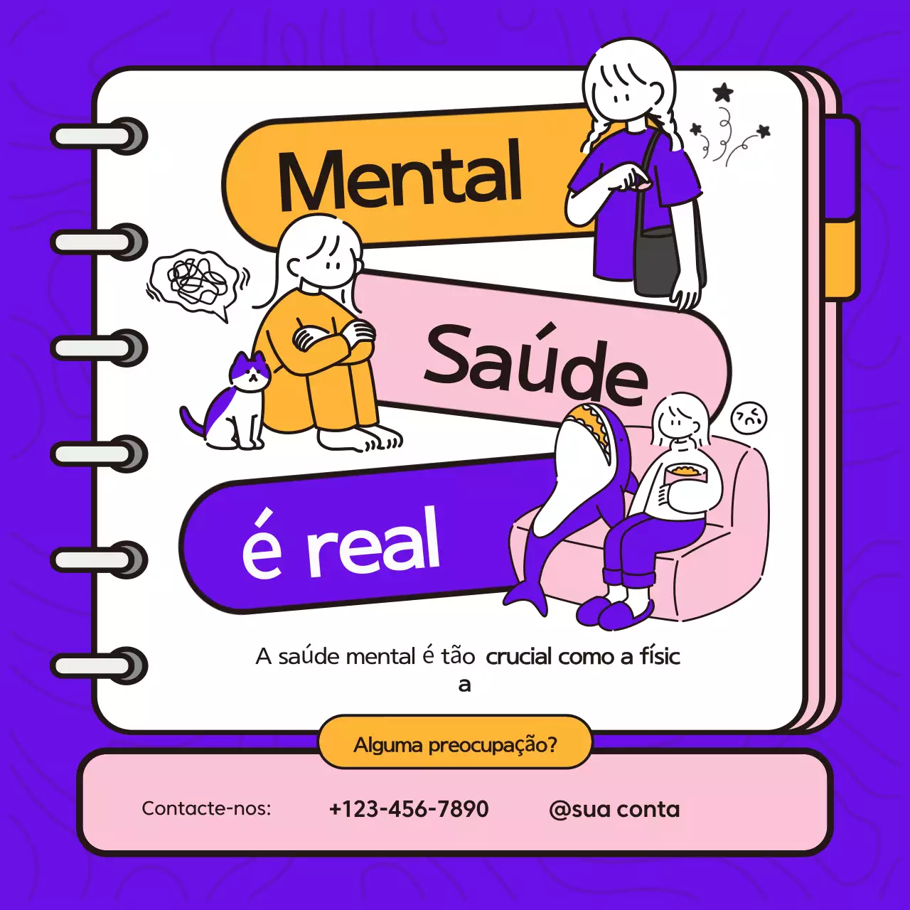 Ilustração criativa em roxo e amarelo Prevenção do suicídio com sensibilização para a saúde mental