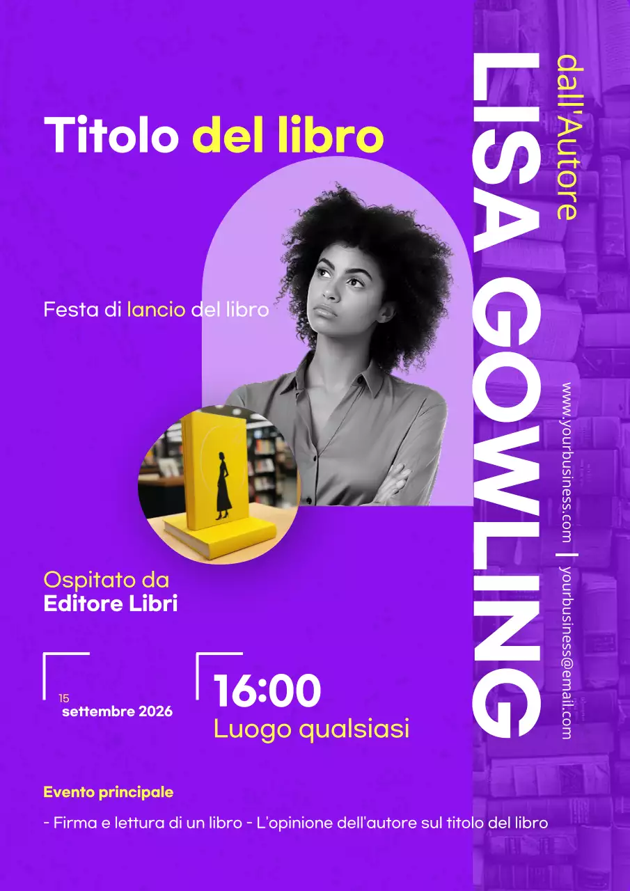 Avviso di lancio del libro degli autori in grassetto minimalista viola e giallo