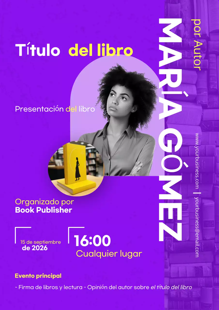 Púrpura y amarillo Minimalista Negrita Autores anuncio de lanzamiento del libro
