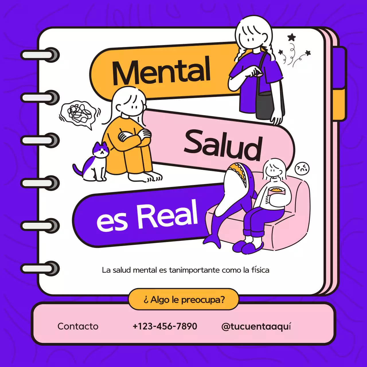 Ilustración creativa en morado y amarillo Prevención del suicidio con concienciación sobre la salud mental