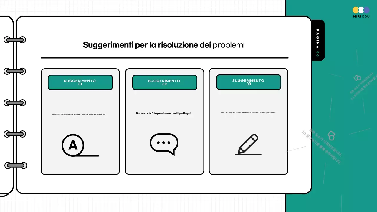 Materiale didattico di commento alla prova pratica evidenziato in giallo e in blu