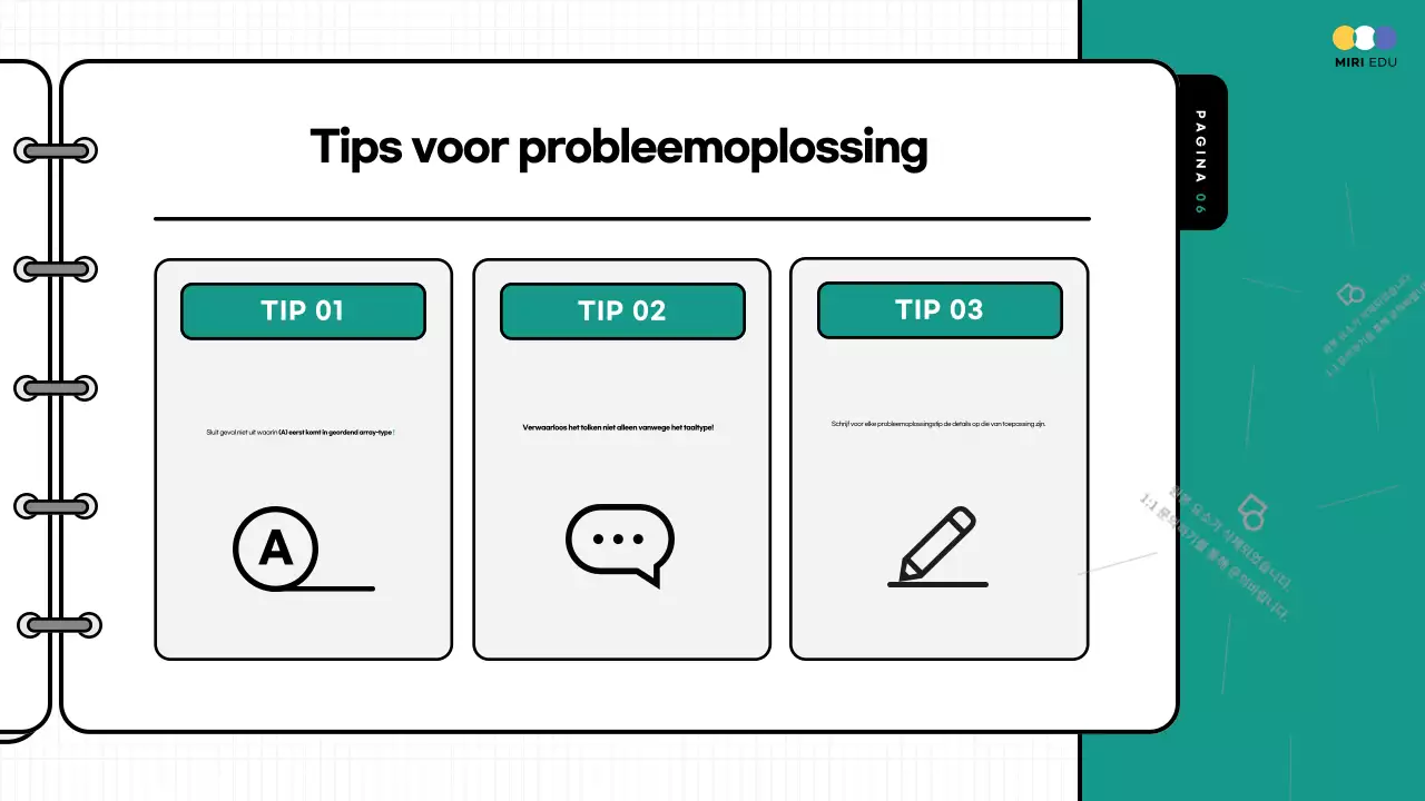 Gele en blauw gemarkeerde oefentoetsen met commentaar op lesmateriaal