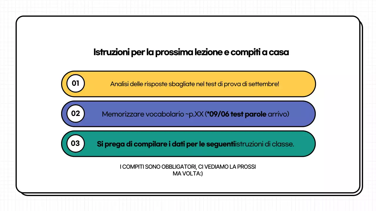 Materiale didattico di commento alla prova pratica evidenziato in giallo e in blu