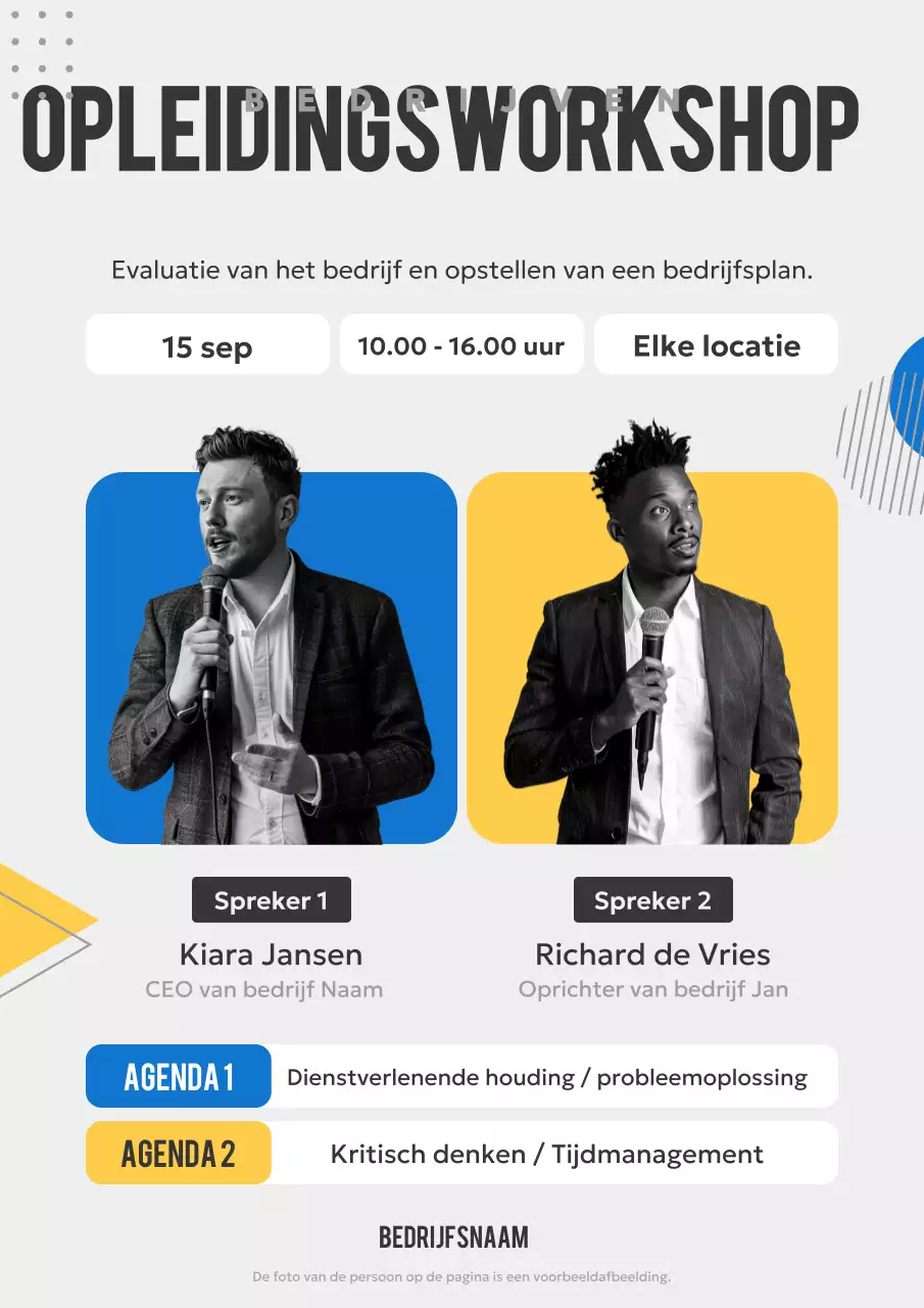 Een eenvoudig bedrijfstrainingsseminar promoten in blauw en geel