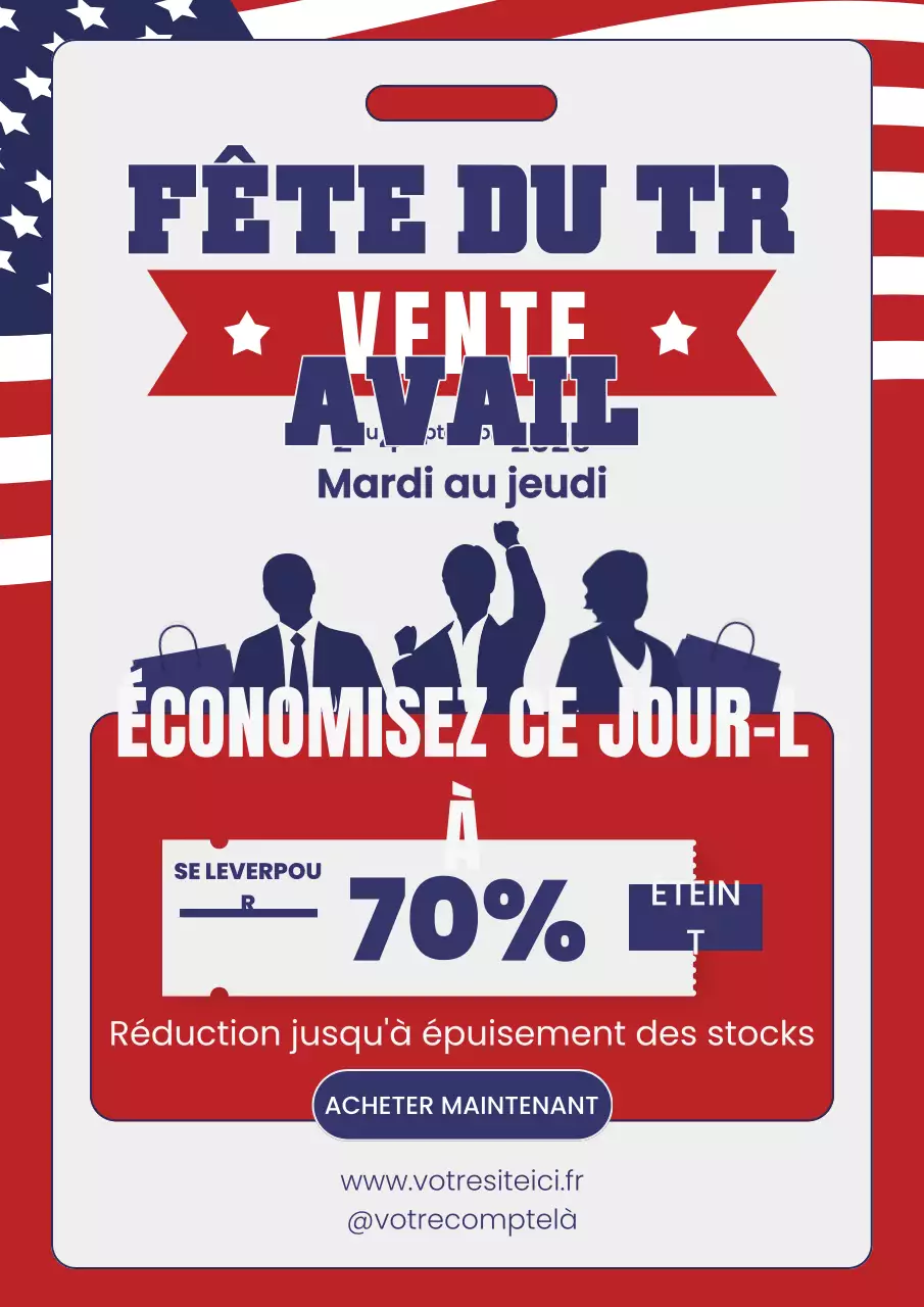 Publicité rouge et bleue pour les soldes de la fête du travail