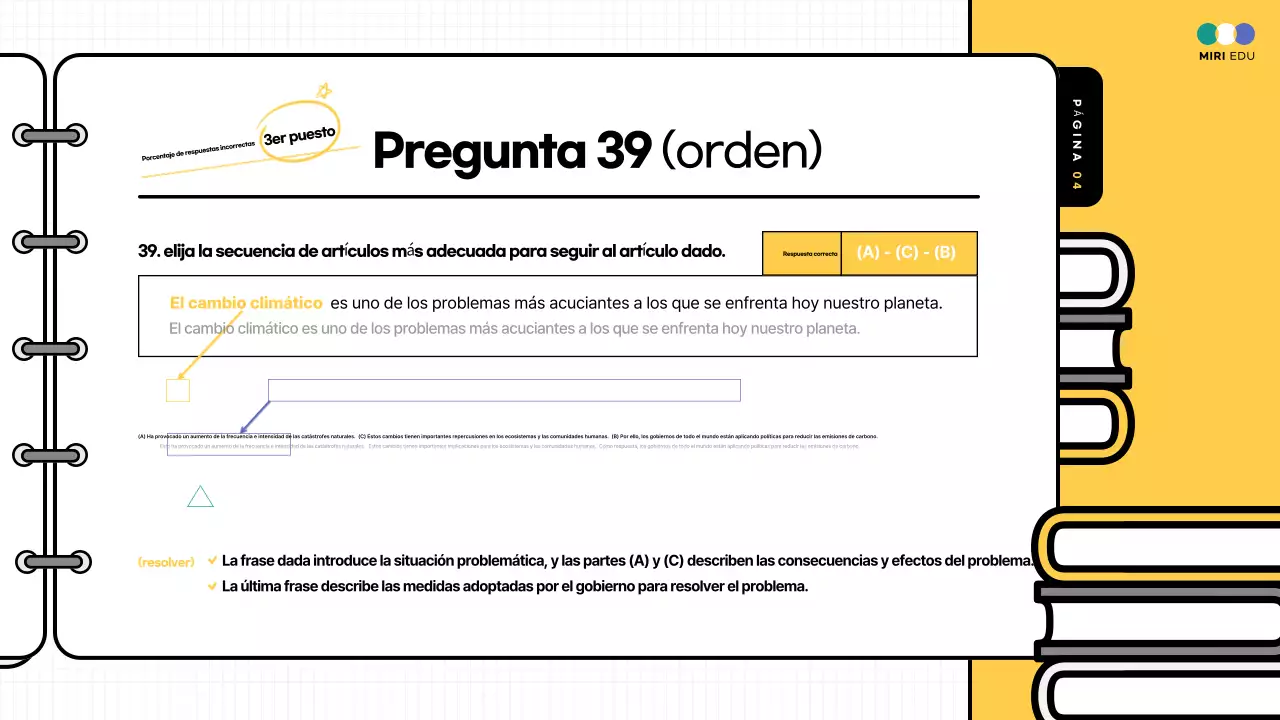 Material didáctico de los comentarios de las pruebas prácticas resaltadas en amarillo y azul