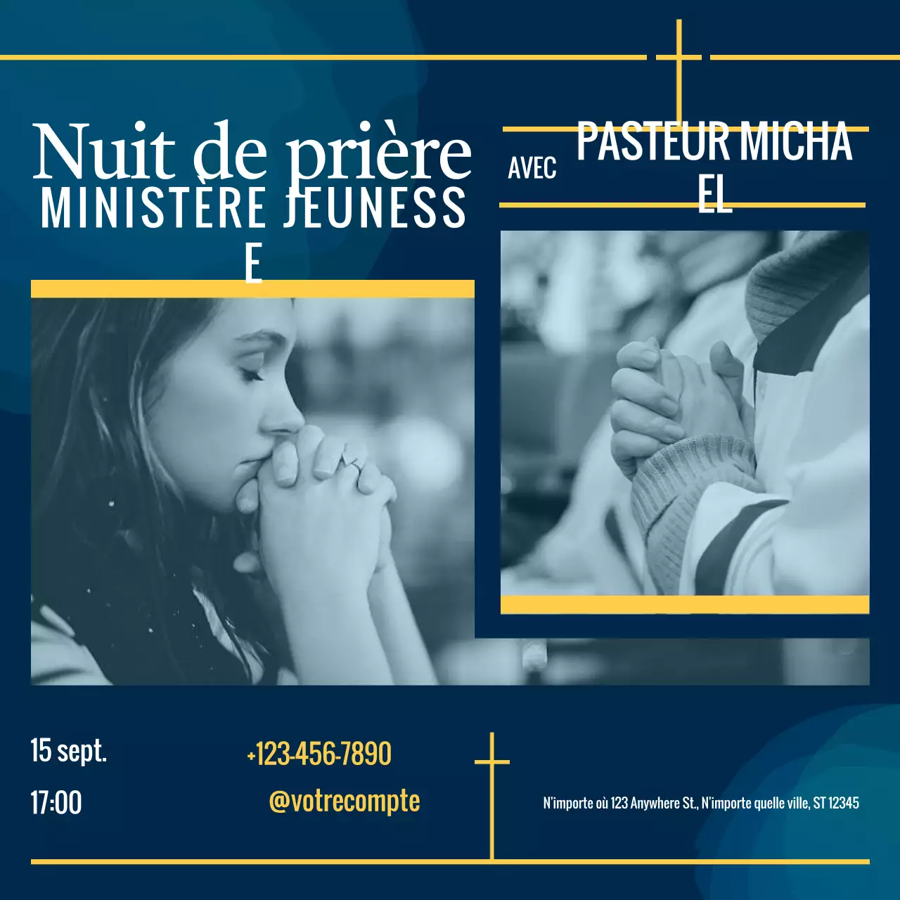 Publicité pour la nuit de prière moderne bleu et jaune