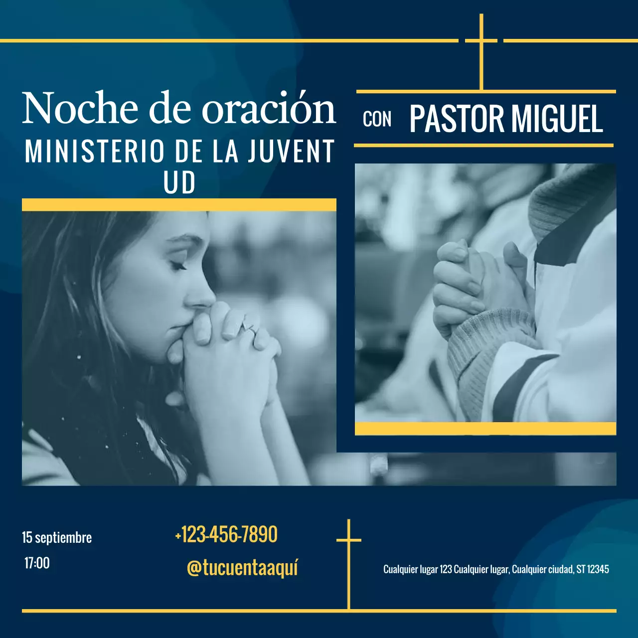 Anuncio de noche de oración moderna en azul y amarillo