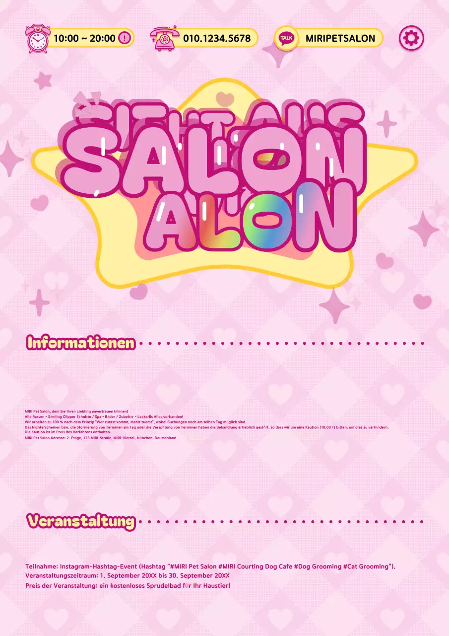 Werbung für einen kitschigen Tiersalon in Pink und Gelb