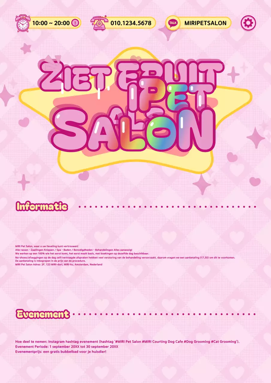 Promoot een kitscherige dierensalon in roze en geel