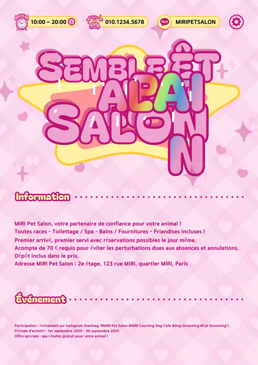 Promouvoir un salon pour animaux kitsch en rose et jaune