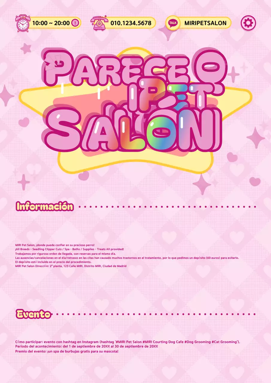 Promociona un salón de mascotas kitsch en rosa y amarillo