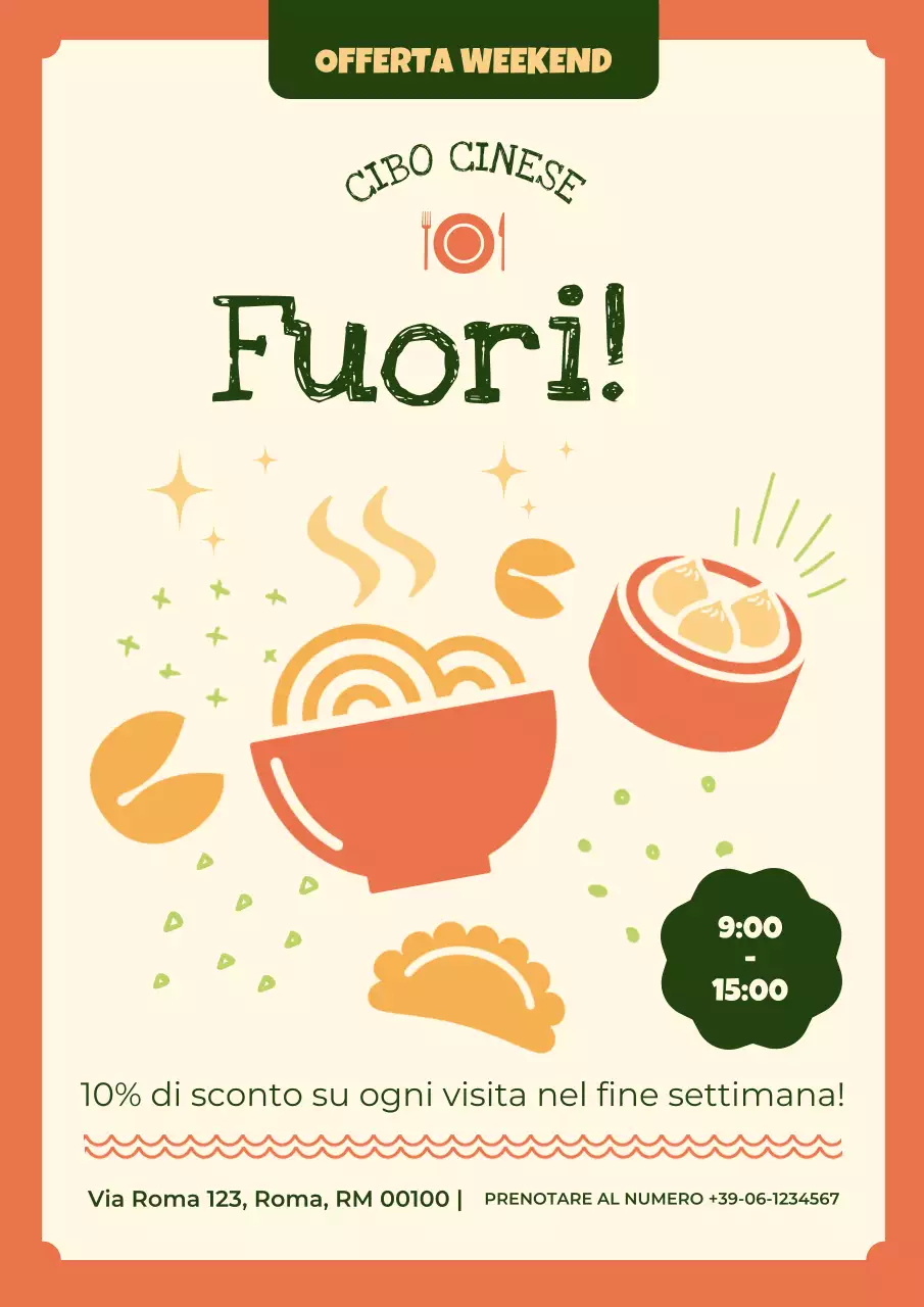 Pubblicità di sconto del menu del fine settimana arancione e verde d'epoca