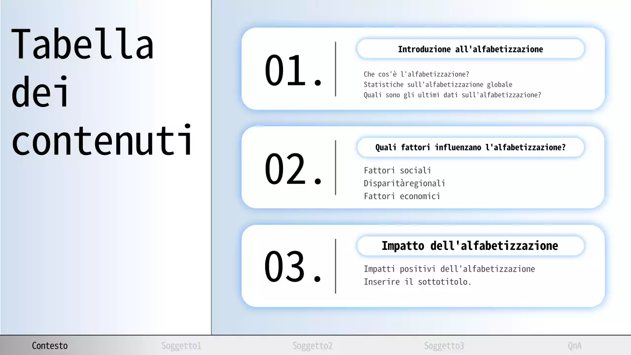 Materiale didattico per l'alfabetizzazione moderna di colore azzurro e grigio