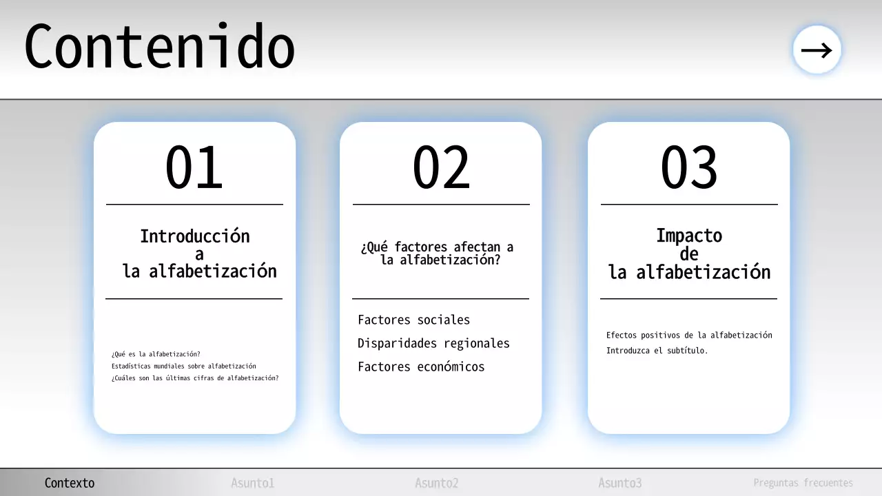 Material de estudio de alfabetización mínima en azul y blanco