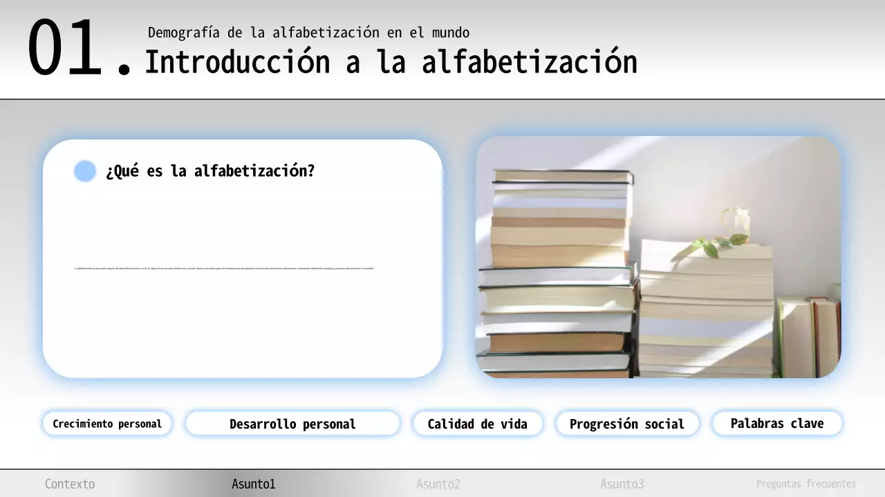 Material de estudio de alfabetización mínima en azul y blanco