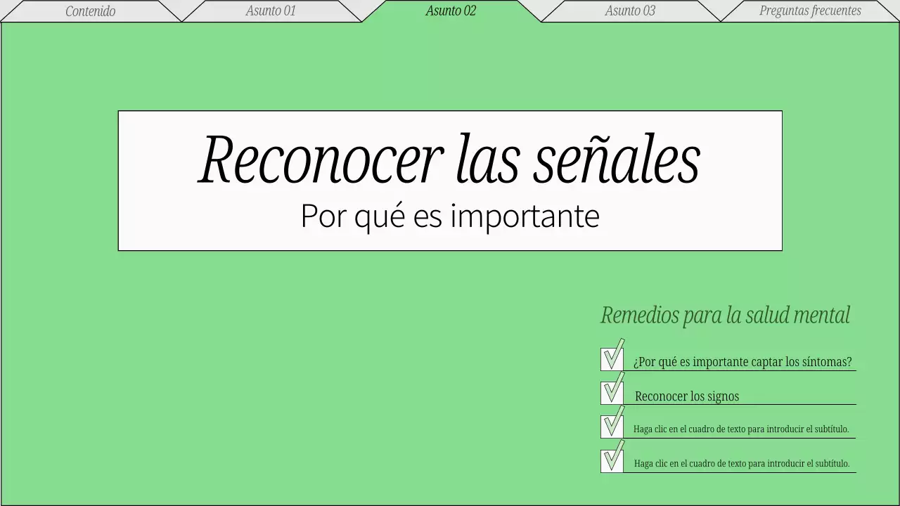 Material didáctico rojo y gris sobre la atención mínima al bienestar mental