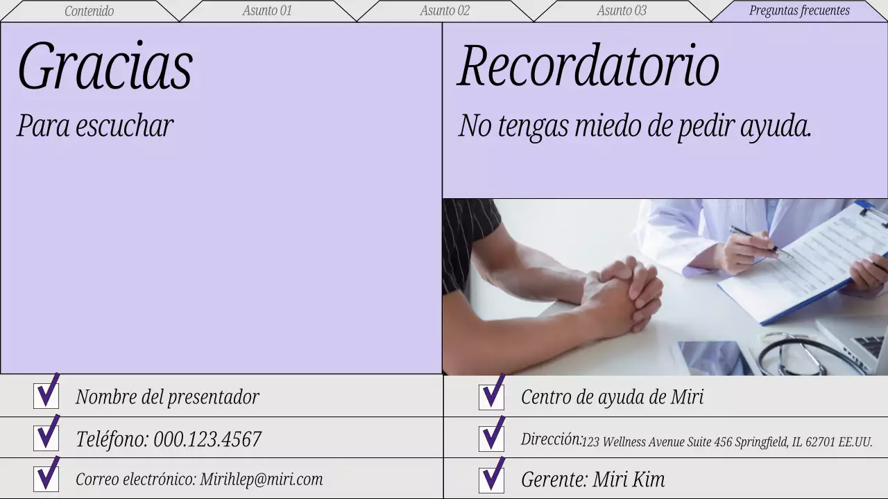 Material didáctico rojo y gris sobre la atención mínima al bienestar mental