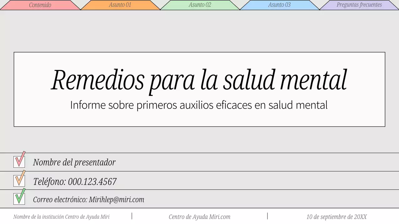 Material didáctico rojo y gris sobre la atención mínima al bienestar mental