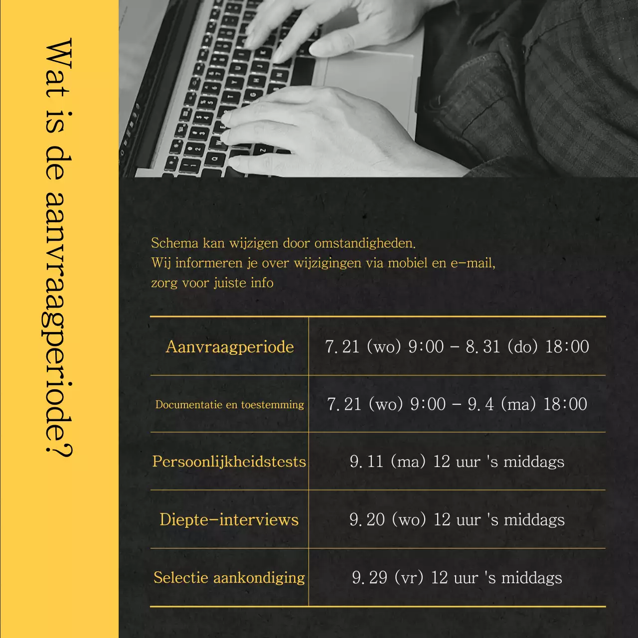 Eenvoudige geel-zwarte informatie over het aanvragen van een beurs