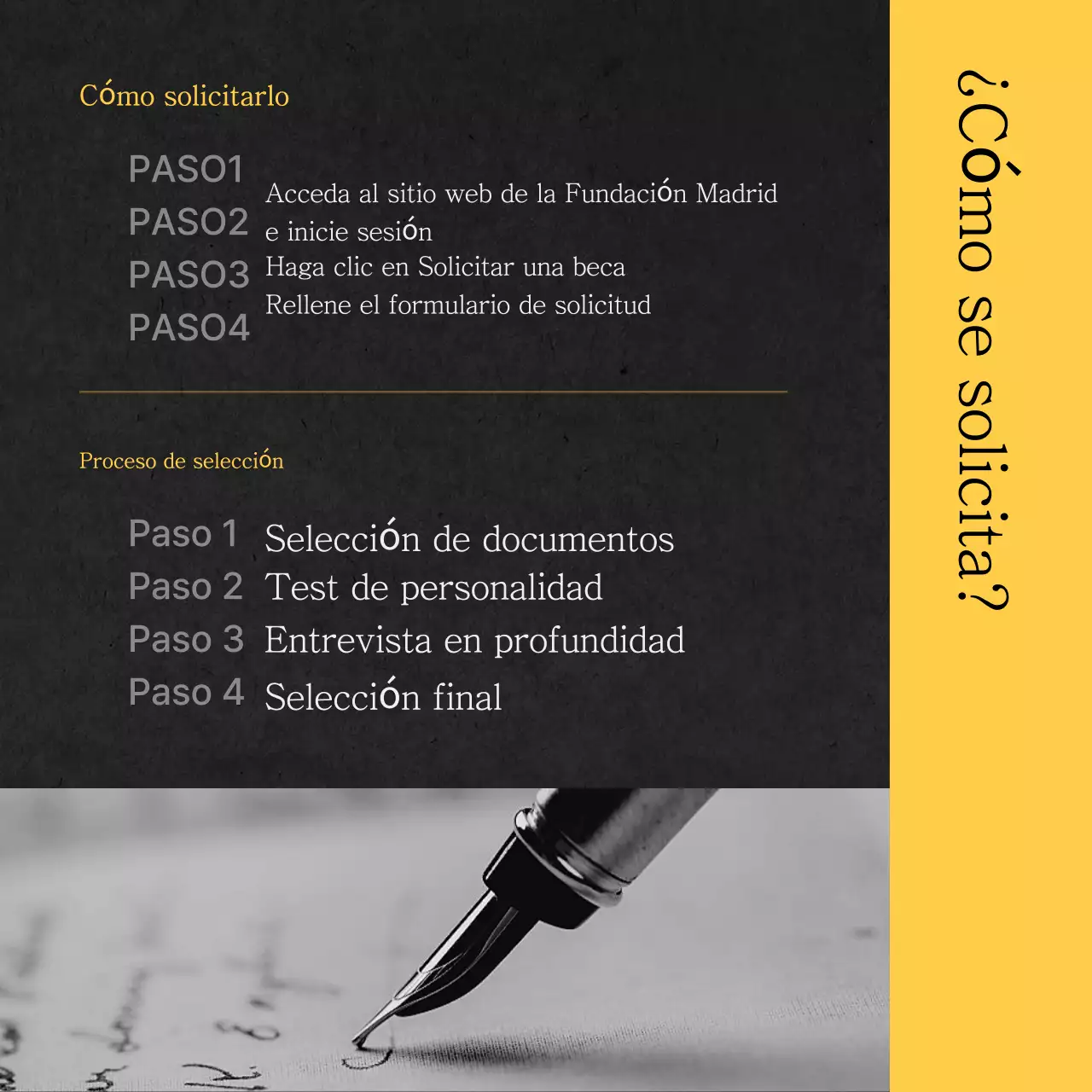 Información sencilla sobre la solicitud de becas en amarillo y negro