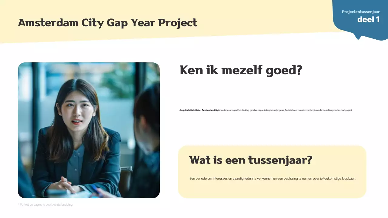 Eenvoudige gap year projectopdracht voor jonge volwassenen in beige en marineblauw