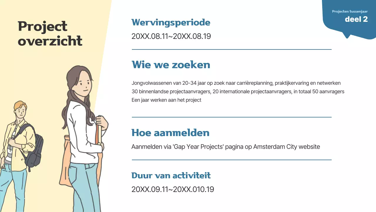 Eenvoudige gap year projectopdracht voor jonge volwassenen in beige en marineblauw