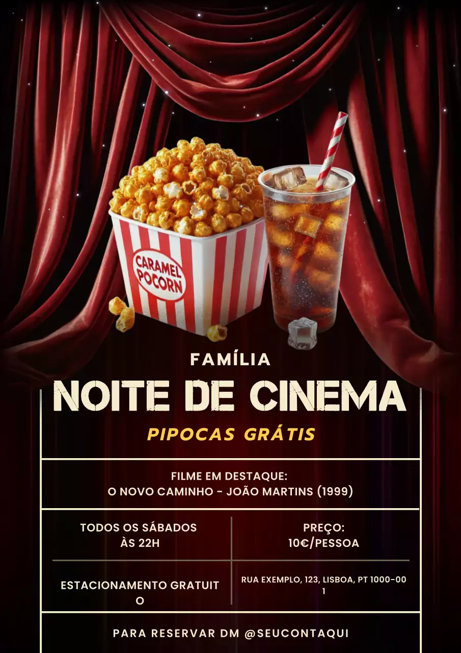 Folheto de noite de cinema preto vermelho elegante e vintage
