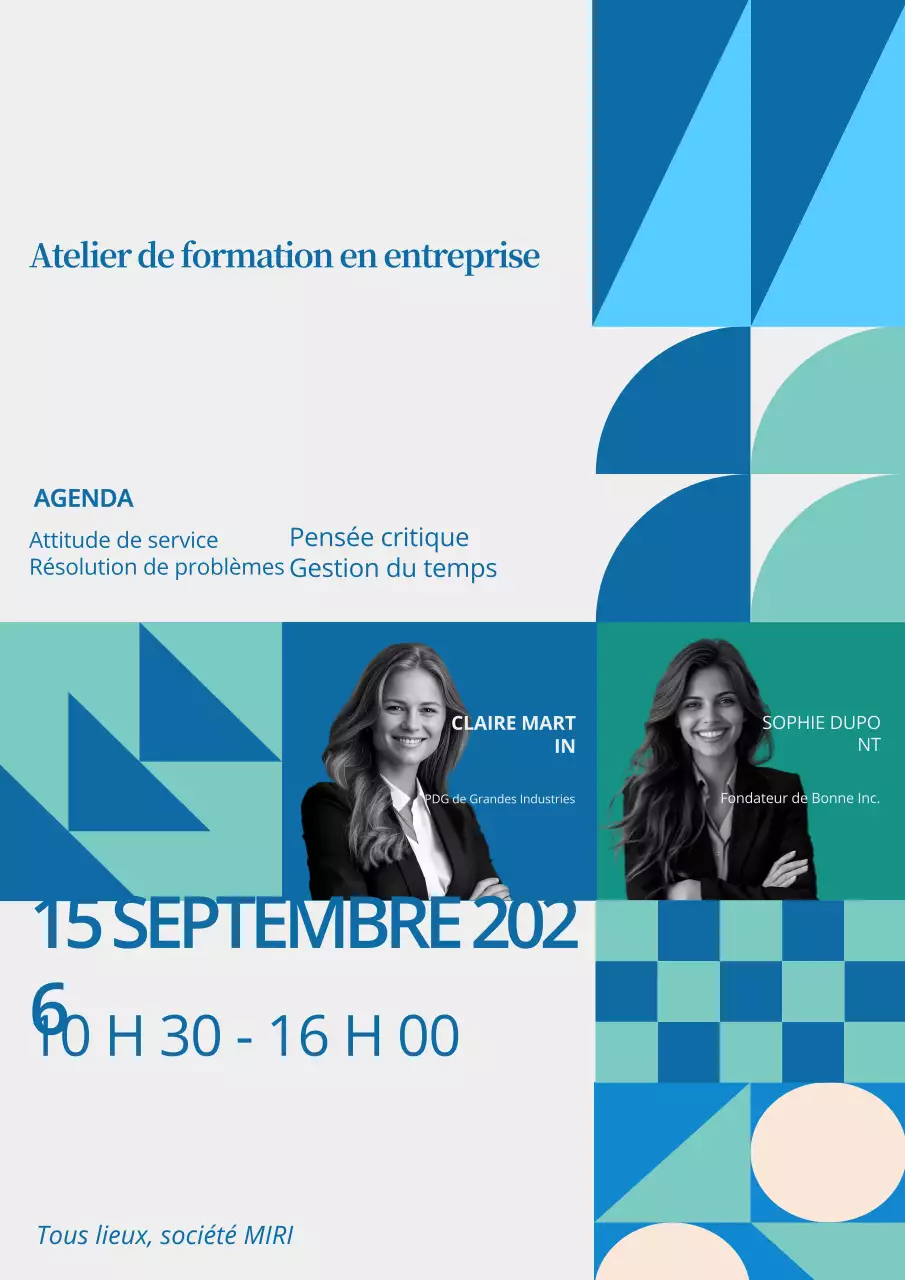 Flyer de l'atelier de formation en entreprise Bleu et vert