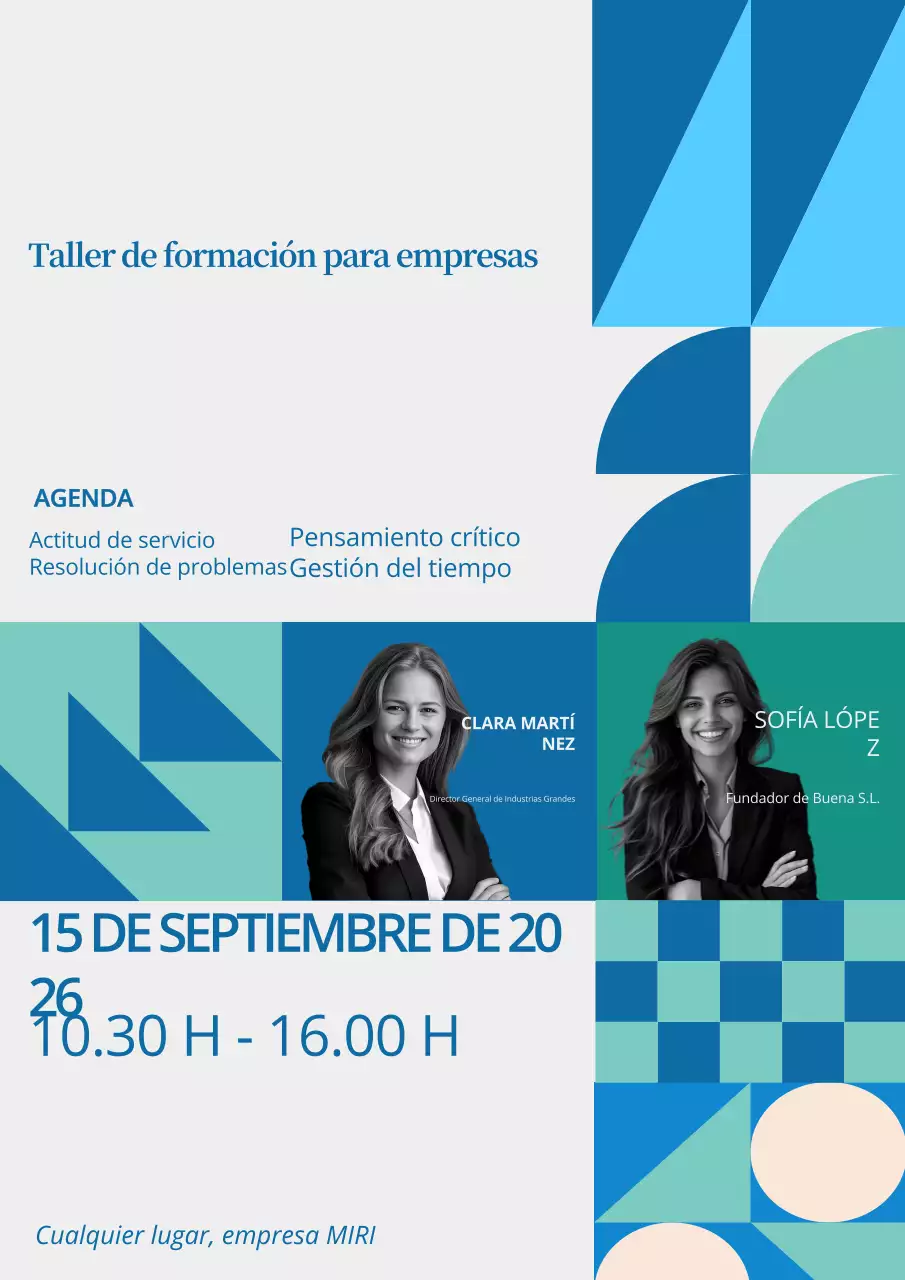 Folleto del taller de formación empresarial Azul y Verde