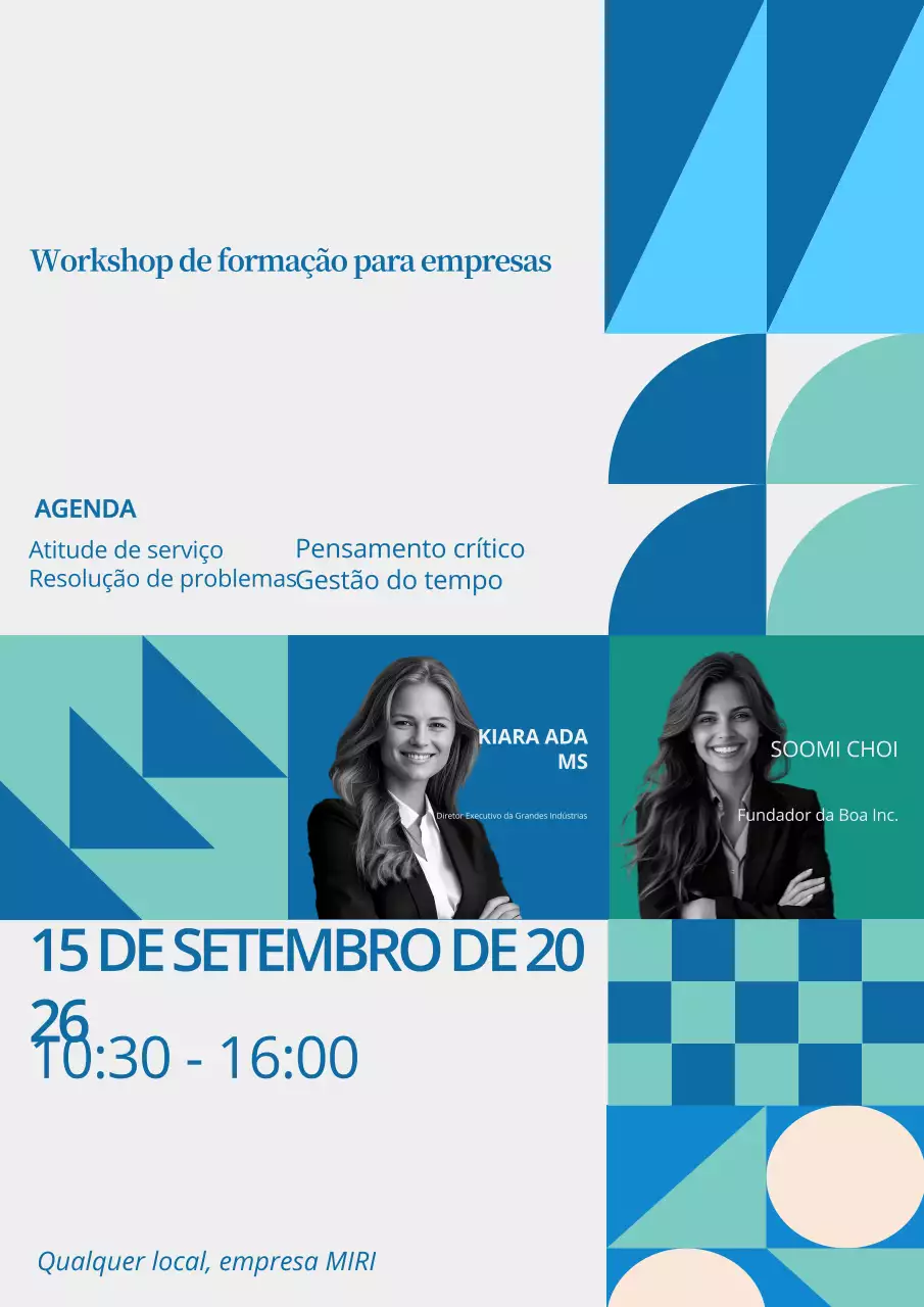 Folheto do workshop de formação empresarial azul e verde
