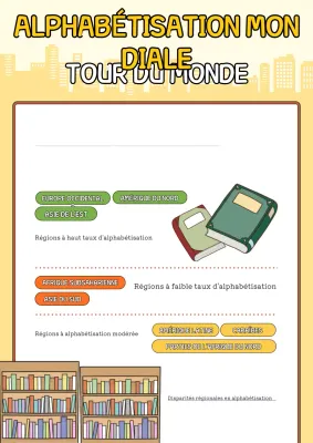 Affiche infographique jaune et ludique sur l'alphabétisation dans le monde