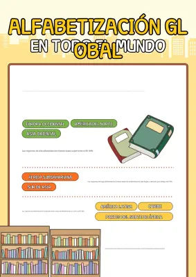 Póster infográfico lúdico amarillo sobre la alfabetización mundial