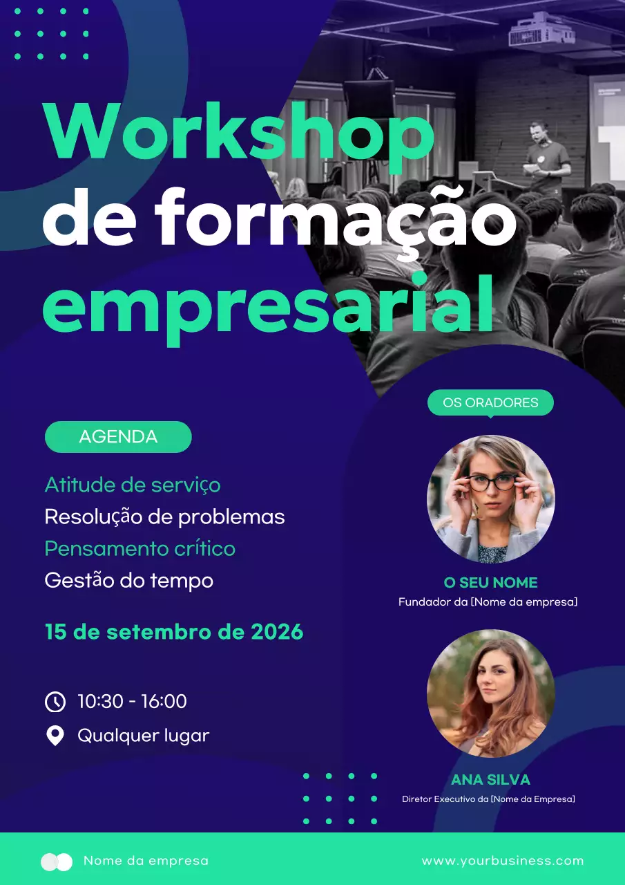 Anúncio de oficina de formação empresarial moderna azul e verde