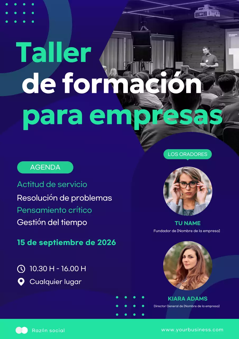 Publicidad de un taller de formación empresarial moderno en azul y verde