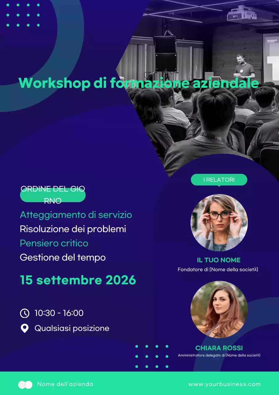 Pubblicità di un moderno workshop di formazione aziendale in blu e verde