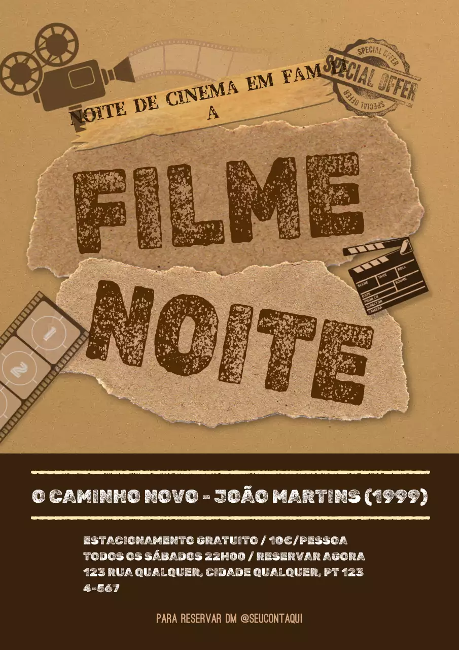 Promover um evento noturno de cinema vintage em castanho e bege