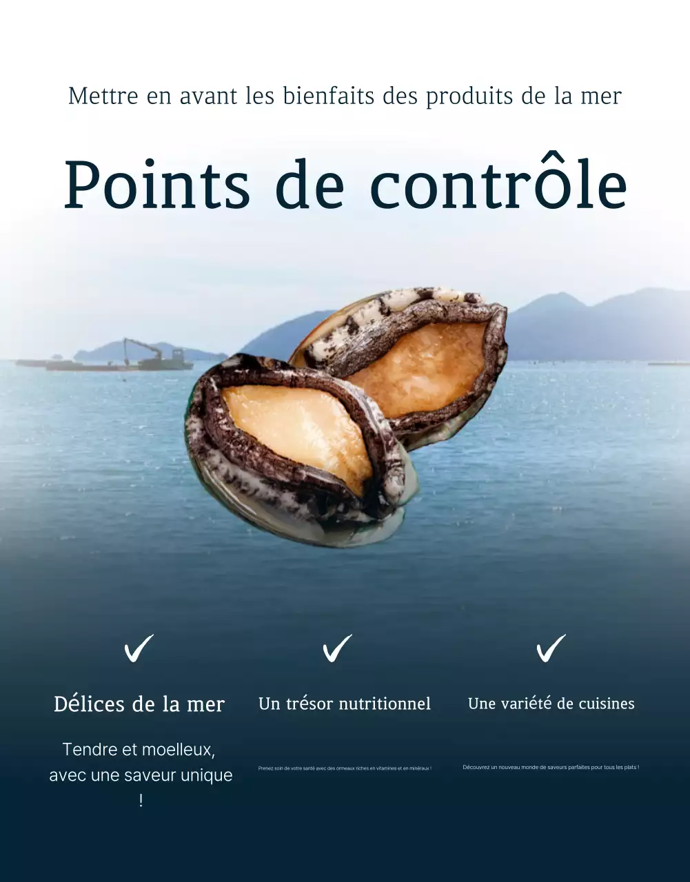 Promouvoir la vente de fruits de mer traditionnels bleus et bleus marine aux points de contrôle des ormeaux.