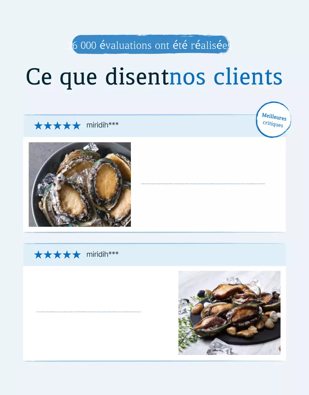 Revue et promotion d'événements concernant les ormeaux de mer traditionnels bleus et bleus marine