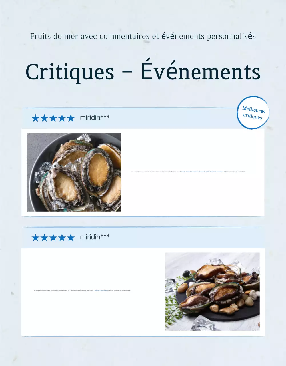 Revue et promotion d'événements concernant les ormeaux de mer traditionnels bleus et bleus marine