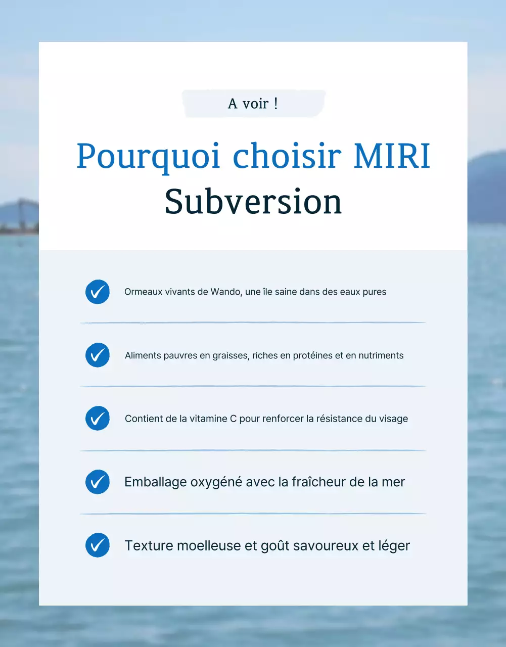 Promouvoir la vente de fruits de mer traditionnels bleus et bleus marine aux points de contrôle des ormeaux.