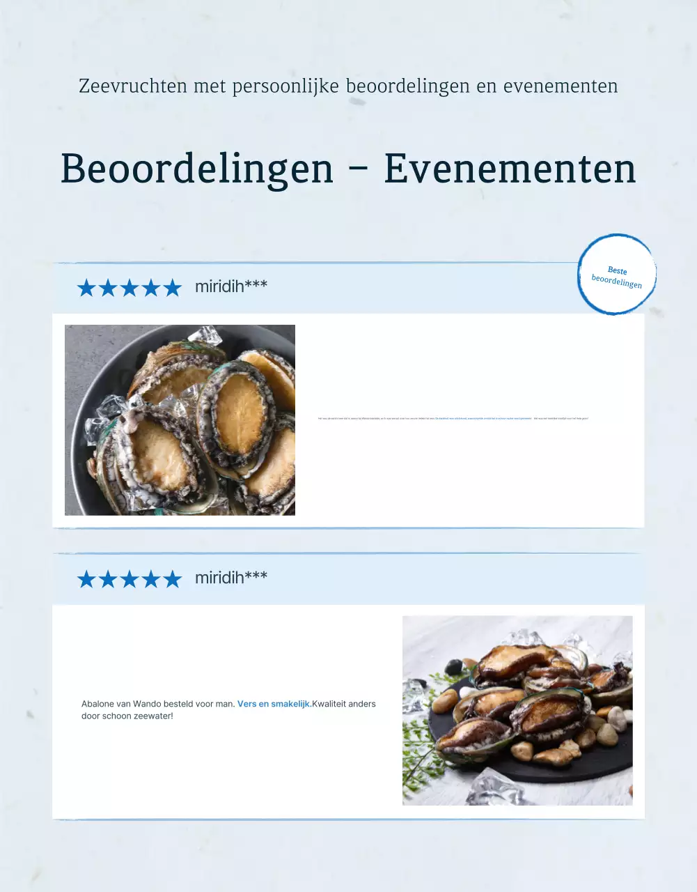 Traditionele blauwe en marineblauwe zeevruchten abalone beoordeling en evenement promotie