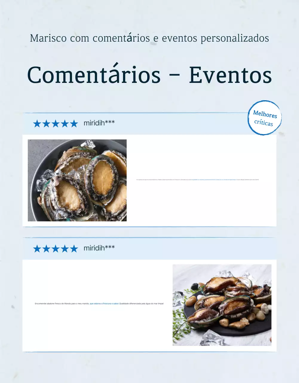 Revisão do abalone de marisco tradicional azul e azul-marinho e promoção de eventos