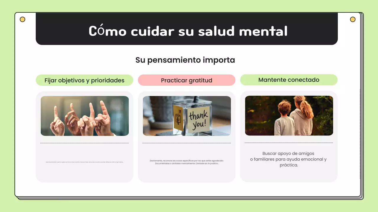 Materiales sencillos de educación para la prevención de la salud mental en chartreuse y blanco