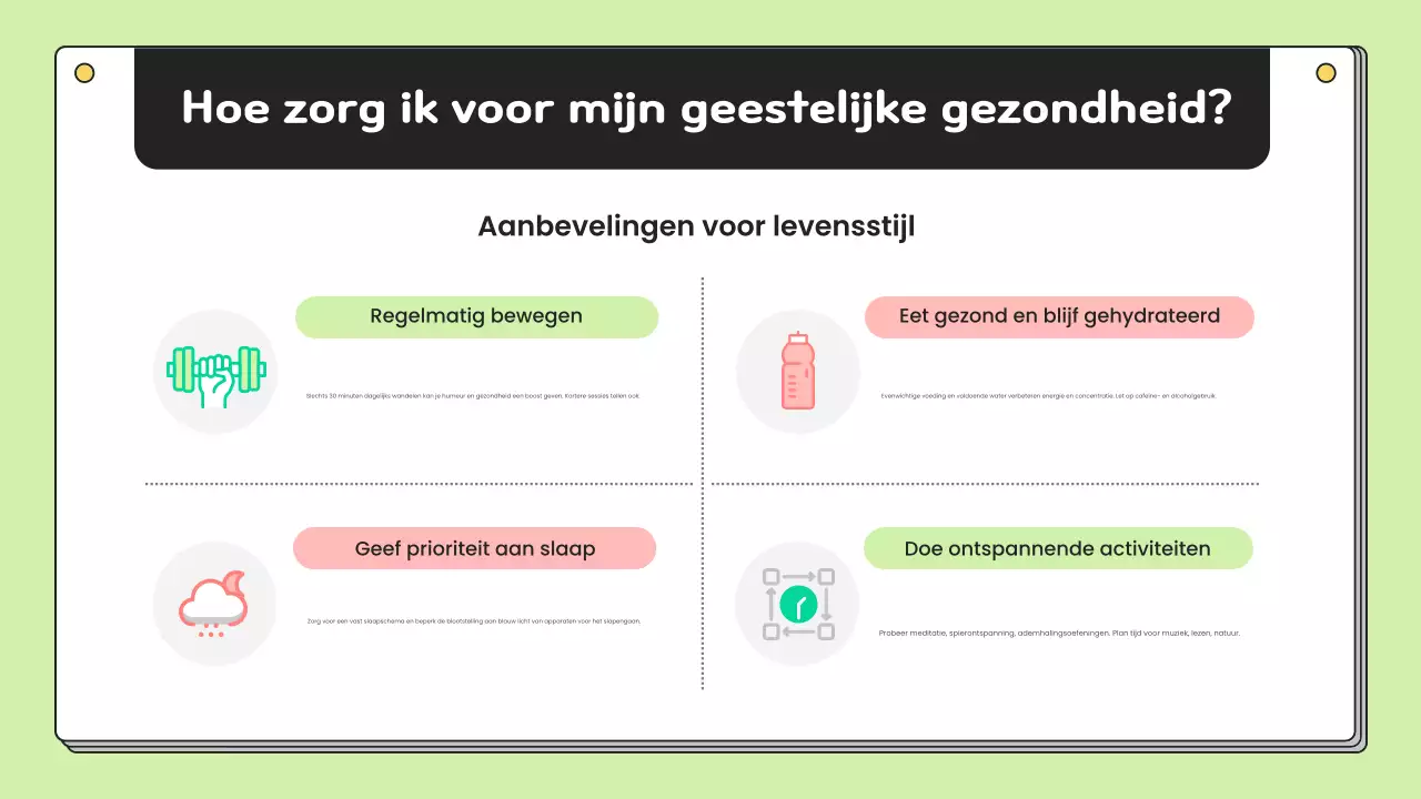 Eenvoudig voorlichtingsmateriaal over geestelijke gezondheid in chartreuse en wit