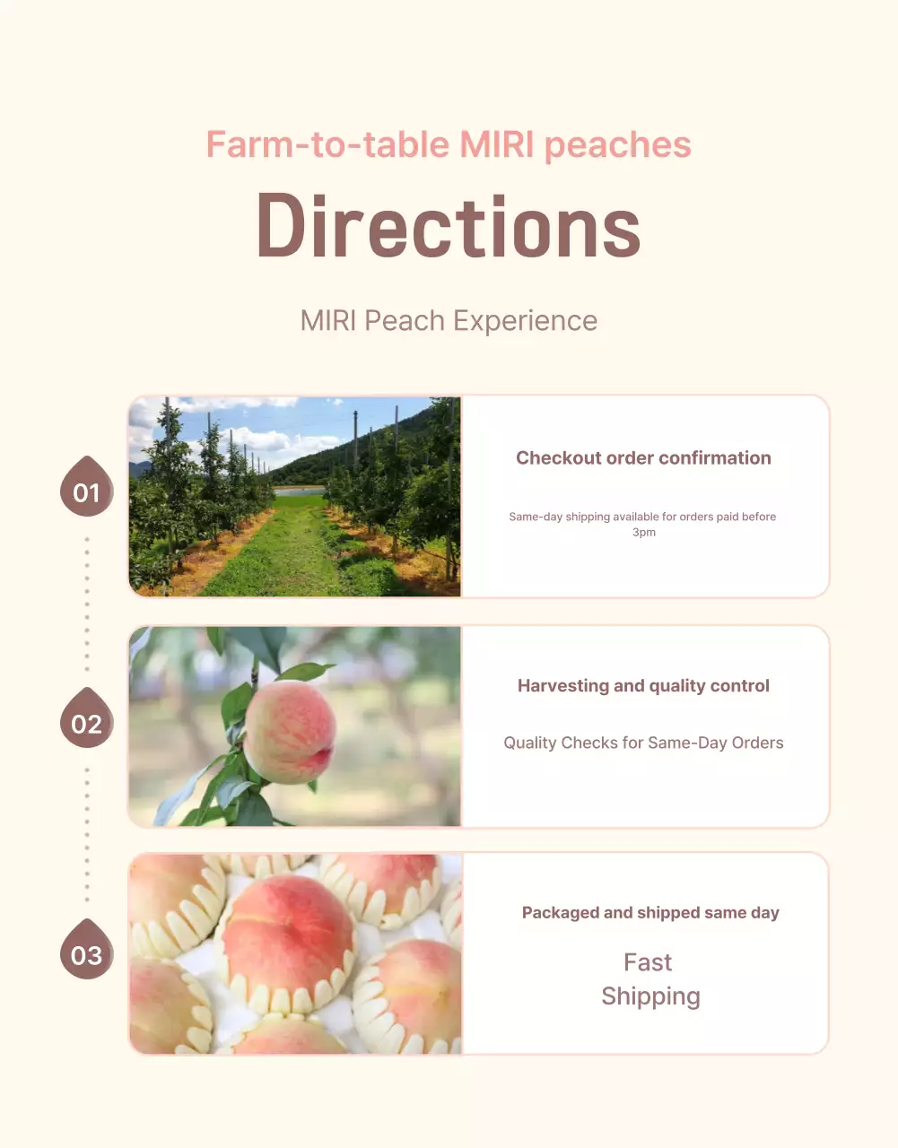 Promosikan buah persik segar berwarna kuning dan merah muda dengan informasi dan tindakan pencegahan